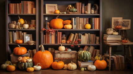 A Cozy Bookshelf Filled With an Abundance of Books and Autumn-Inspired Pumpkins