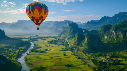Beautiful image of a hot air balloon flying over a valley in autumn, forest, trees, autumn, hot air...