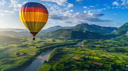 Obraz premium Beautiful image of a hot air balloon flying over a valley in autumn, forest, trees, autumn, hot air balloon, travel, discovery, nature, colorful, sky, daytime, landscape, AI-generated.