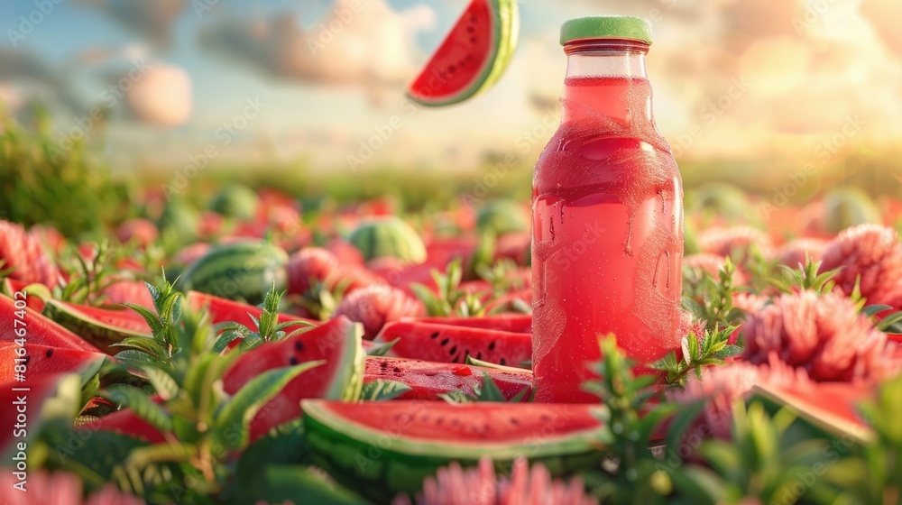 Aufkleber refreshing watermelon juice bottle with floating slice and rinds on lush backdrop