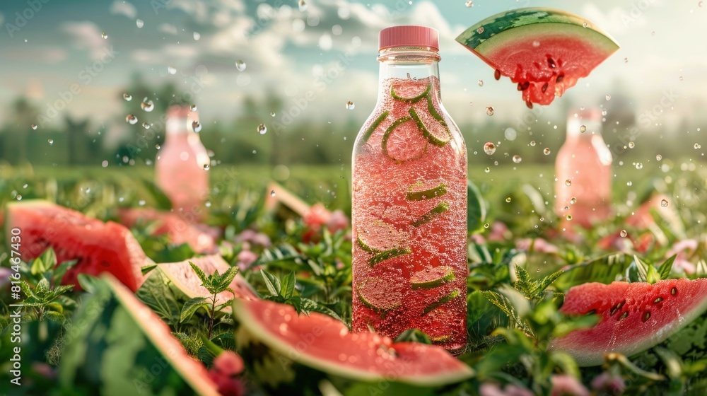 Poster refreshing watermelon juice bottle with rind spirals and floating slice on field backdrop