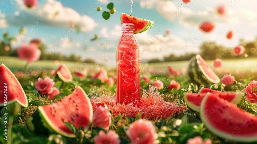 Poster refreshing watermelon juice bottle with rind spirals and floating slice on lush field backdrop