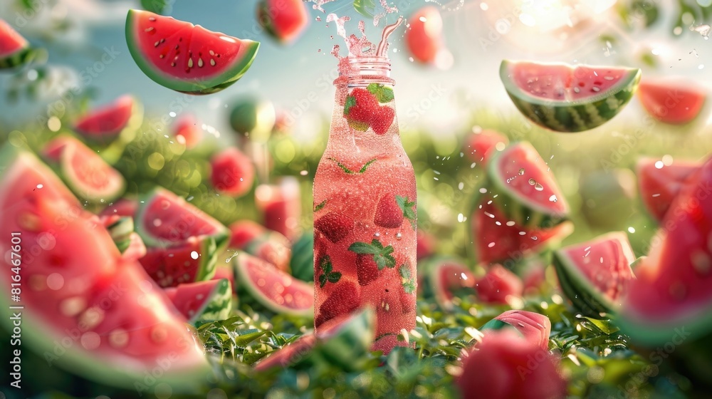 Poster refreshing watermelon juice bottle with floating slice and swirling rind backdrop