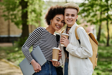 Two young women in casual attire holding coffee cups and a laptop while chatting in a park setting.