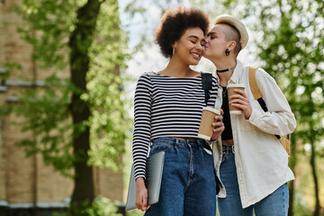 A tender moment as two young women, a multicultural lesbian couple, share a kiss in the park, expressing their love openly.