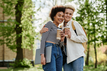 Two young women, holding coffee and a laptop, sit in a park surrounded by nature, focused on their work.