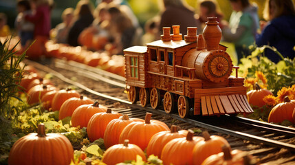 A Festive Toy Train Chugging Along Pumpkin-Filled Tracks