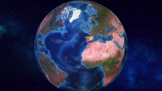 Realistic 3D Animation of Earth zooming in to  Spain with its border highlighted with its National Flag in 4K