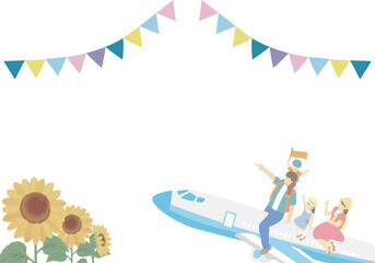 旅行　夏　フレーム　人物　家族　ひまわり　背景　コピースペース　イラスト素材