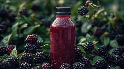 Refreshing Blackberry Juice Bottle Nestled in Lush Bushes of Fresh Ripe Berries