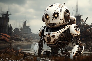 Rusty robot battlefield graphic flat design side view war theme 3D render Black and white