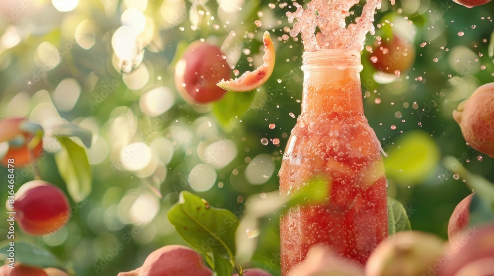 Poster guava juice bottle with floating slice and peels against orchard backdrop