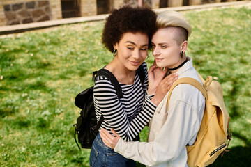 Two young women, in casual attire, embrace lovingly in the grassy field, sharing a moment of...