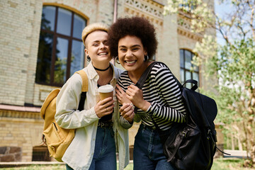 A multicultural lesbian couple, stylishly dressed, standing in front of a university building.