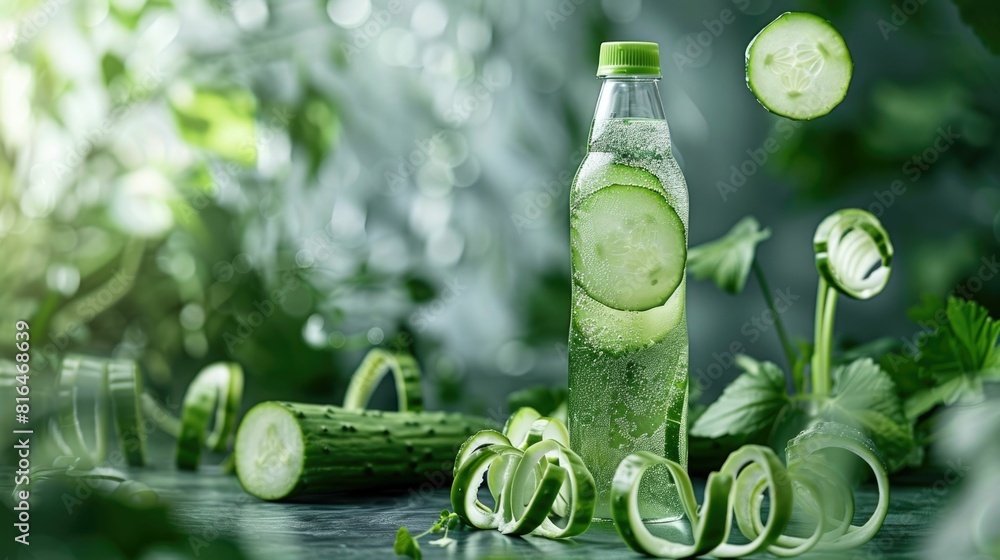 Poster refreshing cucumber juice bottle surrounded by fresh peel curls and floating slice in verdant vine s