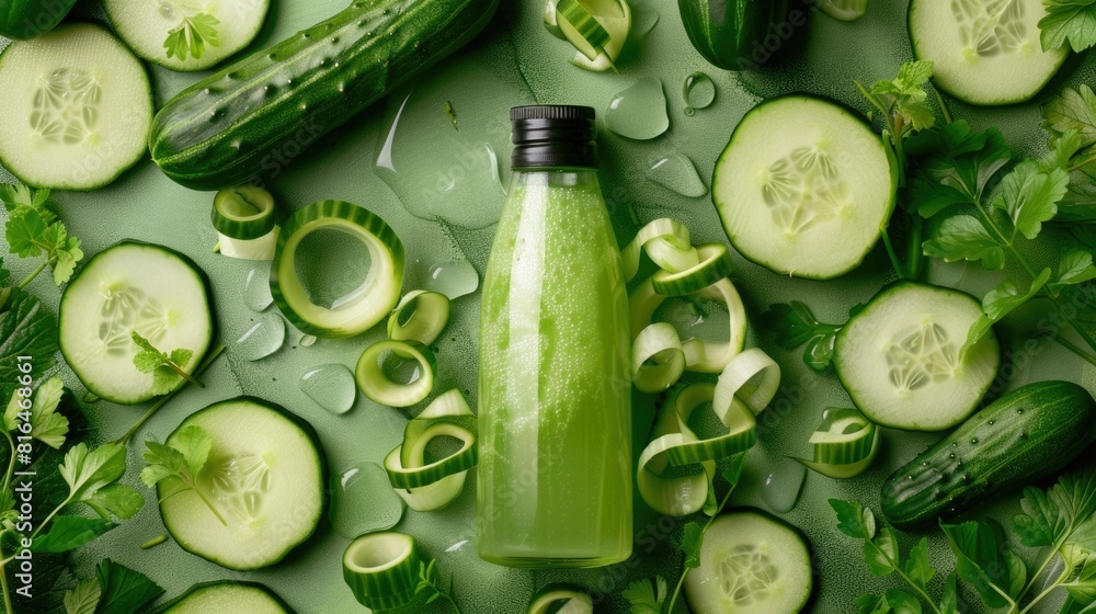 Poster refreshing cucumber juice bottle surrounded by leafy cucumber peels and slices floating in a healthy