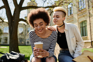 Two girls, in stylish attire, enjoy a casual chat on a bench while sipping on cups of coffee.