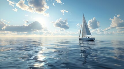 The image shows a sailboat on a calm sea. The sky is blue and there are some clouds. The sun is shining and reflecting on the water.