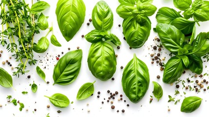 fresh organic herbs and spices element or ornament isolated over a white background arranged bunches leaves blades and chopped pieces of parsley chives basil and mint top view flat lay