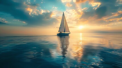 A lone sailboat sails on a calm sea at sunset. The sky is a gradient of orange and pink, and the...