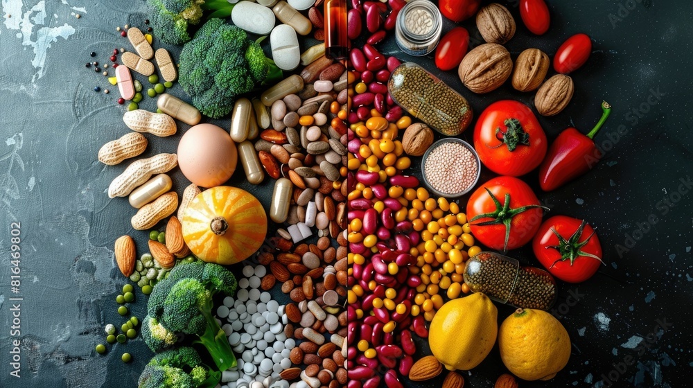 Poster contrasting natural and synthetic nutrient sources with vibrant produce and supplements display