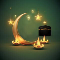 Unveiling the symbols of Eid al Adha, star and crescent, Kaaba, and oil lamps mockup template