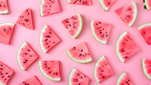 Creative summer pattern made of watermelon slices on a pink background in a minimal flat lay top view concept - Powered by Adobe