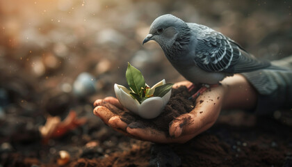 Soothing image representing global forgiveness day featuring a peaceful dove resting on a human hand, holding a delicate white flower, against a gentle, cozy background