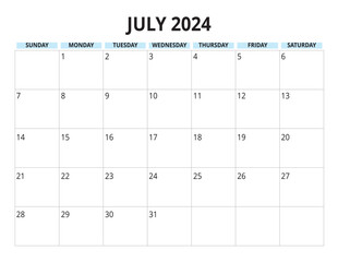2024 July Calendar blue color, sunday start