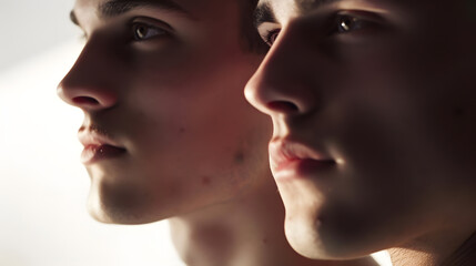 close up portrait  two caucasian young men in shadow  white background : Generative AI