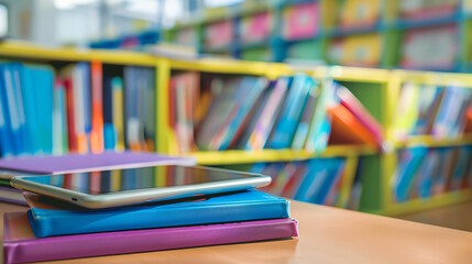 Illustrate a school using digital textbooks to reduce paper waste, reflecting the shift towards digital education selective focus, digital revolution theme, vibrant, Fusion, within