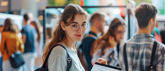 Showcase a graduate setting up their own startup booth at a university career fair, emphasizing entrepreneurial spirit close up, entrepreneurship theme, futuristic, Multilayer, in