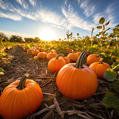 A Harvest Scene With a Radiant Sunlight and Abundant Pumpkin Patch