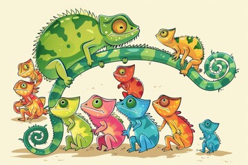 Obraz premium Cartoon cute doodles of a charming chameleon showing off its color-changing abilities to a group of amazed lizards, Generative AI