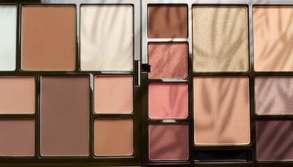 Fototapeta premium Top view of a close-up flat lay shot of a palette with beige, pink and brown eyeshadows, colored powders, in the cosmetics industry. Perfect for advertising campaigns