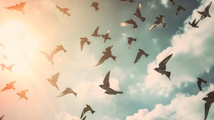 Flock of swallows Silhouettes crowd flying birds away sky free black bird aloft swift flight swarm swallow above cloud skyline : Generative AI