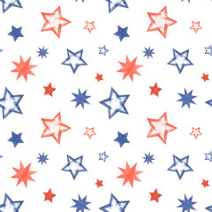 Red, blue stars in various shapes. Seamless pattern of stars in American flag colors. Celebration kid ornate. Watercolor illustration isolated on white background. For party textile, wrapping, decor