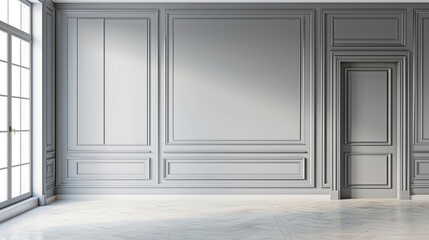 Gray classic interior with moldings, blank wall. 3d render illustration mockup.