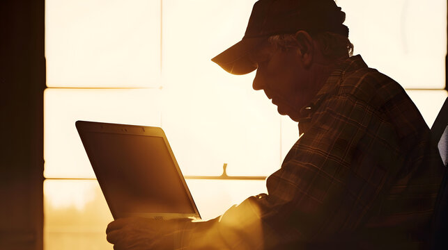 Silhouette of an elderly Caucasian worker in work clothes using a laptop PC : Generative AI