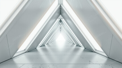 Obraz premium Empty Long Light Corridor. Modern white background. Futuristic Sci-Fi Triangle Tunnel. 3D Rendering.