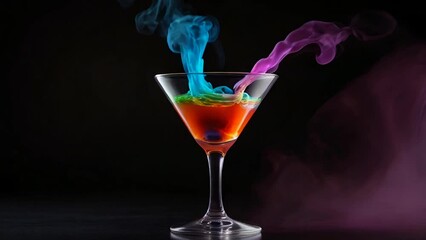 martini glass with colorful alcohol and smoke on black background, burning cocktail with neon glow