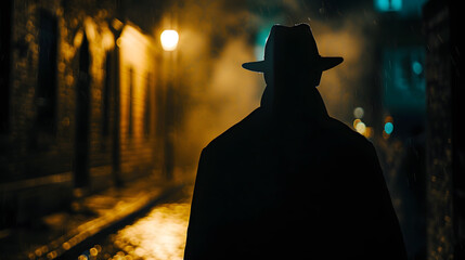 Silhouette of a man in a coat and hat in a dark alley on a rainy night theme of violence and cruelty blur effect : Generative AI