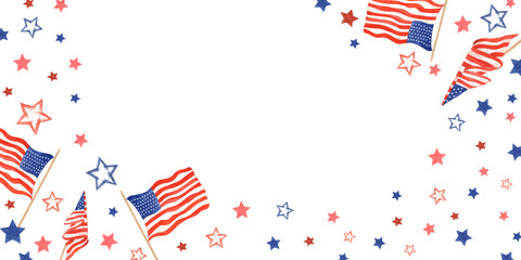 Obraz premium American flags and stars. Waving USA national flags on flagpole. Stars in patriotic colors. Horizontal frame with empty space. Memorial day, Independence day. Watercolor illustration