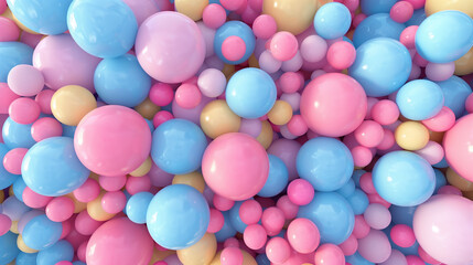 Colorful balls abstract wallpaper and background. Pattern design for trendy poster, flyer, banner, card, cover, brochure. Plastic bubbles, gum, pastel pink spheres.