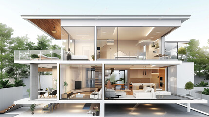  Modern home cross section, 3d rendering