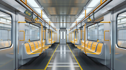 Subway car empty interior, metro cross section, 3d rendering.