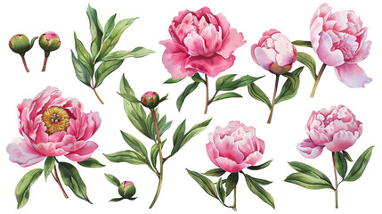 Generative ai watercolor set of pink peonies, buds, branches, green leaves and field branches with flowers