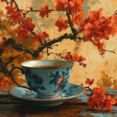 logo, indonesian batik background with tea leaves motiv, flat vector illustration