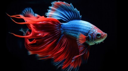 Fototapeta premium beautiful betta fish on dark background. This fish has blue scales and flared red fins, creating a striking color contrast.