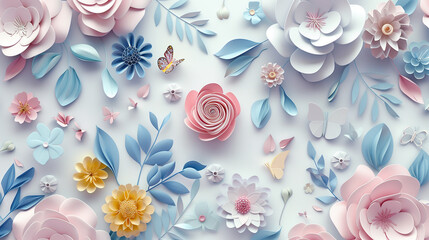 3d render, horizontal floral pattern. Abstract cut paper flowers isolated on white, botanical background. Rose, daisy, dahlia, butterfly, leaves in pastel colors.